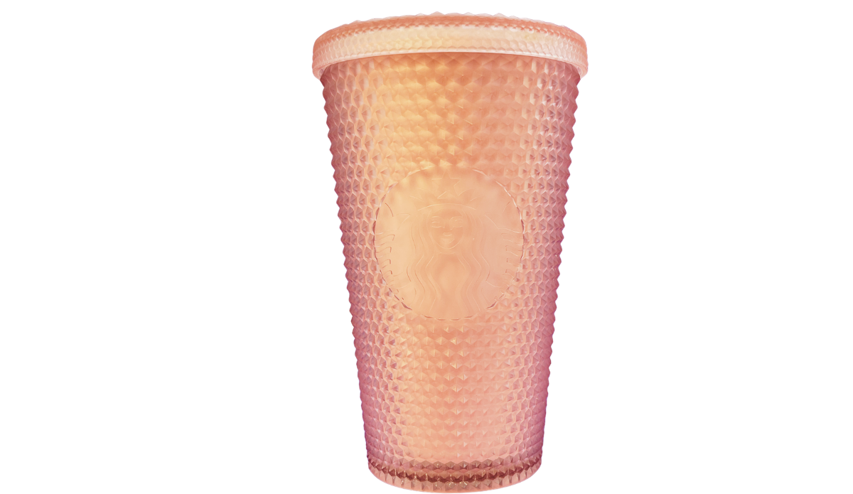 Starbucks Iridescent Rainbow Studded Venti Tumbler front view with embossed Siren logo and pastel pink finish