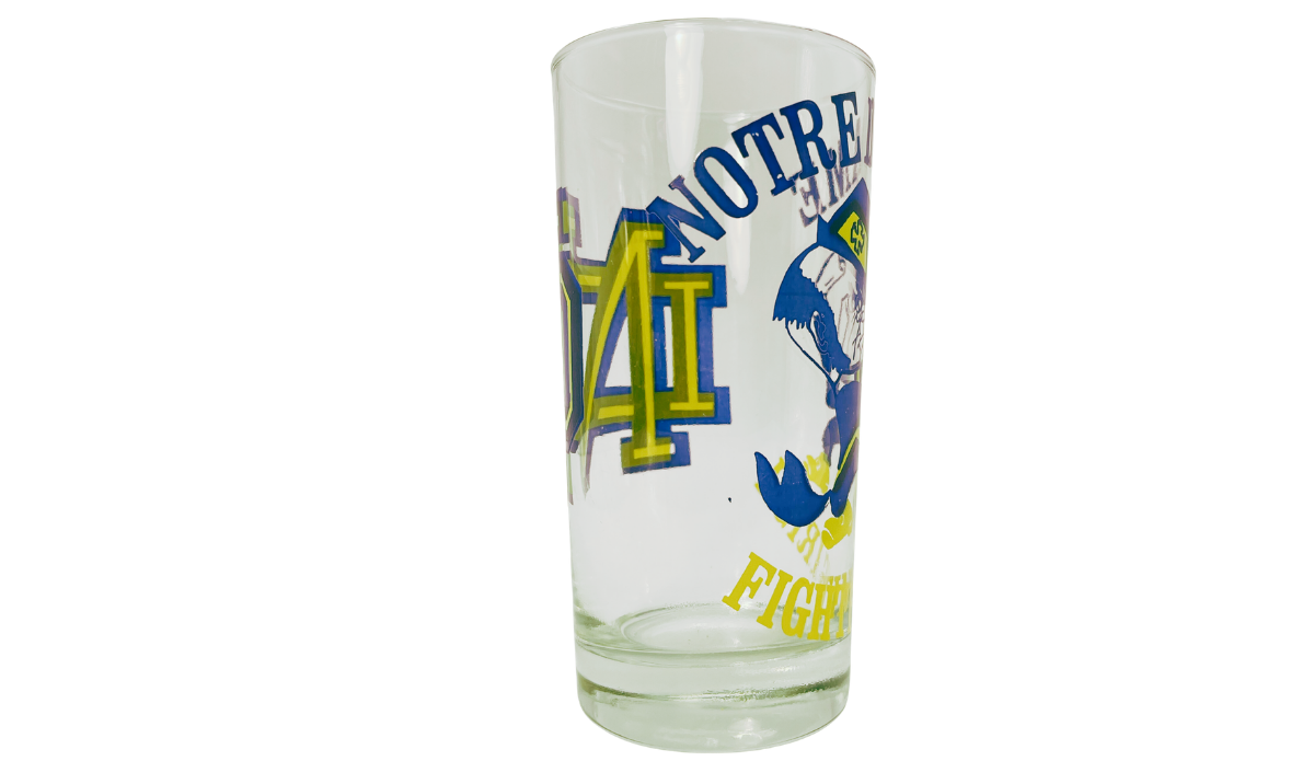 Fighting Irish Leprechaun Glass side view with Notre Dame lettering, partial ND monogram, and Fighting Irish mascot artwork