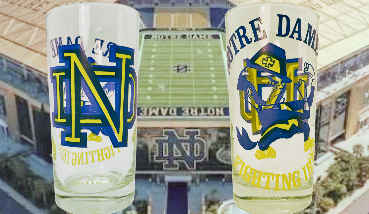 Fighting Irish Leprechaun Glass shown from two sides against a Notre Dame football stadium background