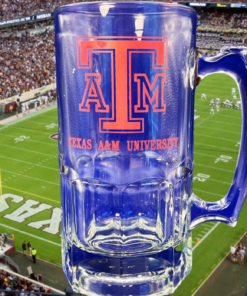 Texas A&M University Jumbo Beer Mug displayed against a Texas A&M football stadium filled with Aggies fans