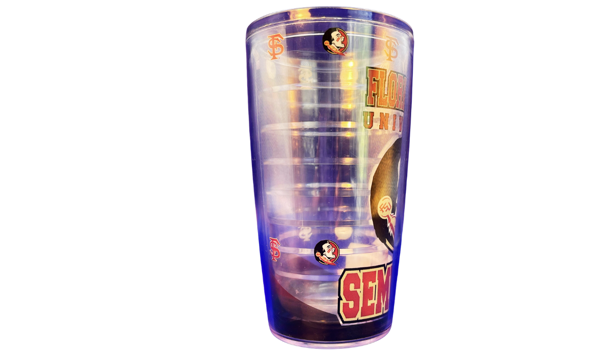 Florida State Classic Logo Tumbler side view with smaller FSU and Seminoles graphics