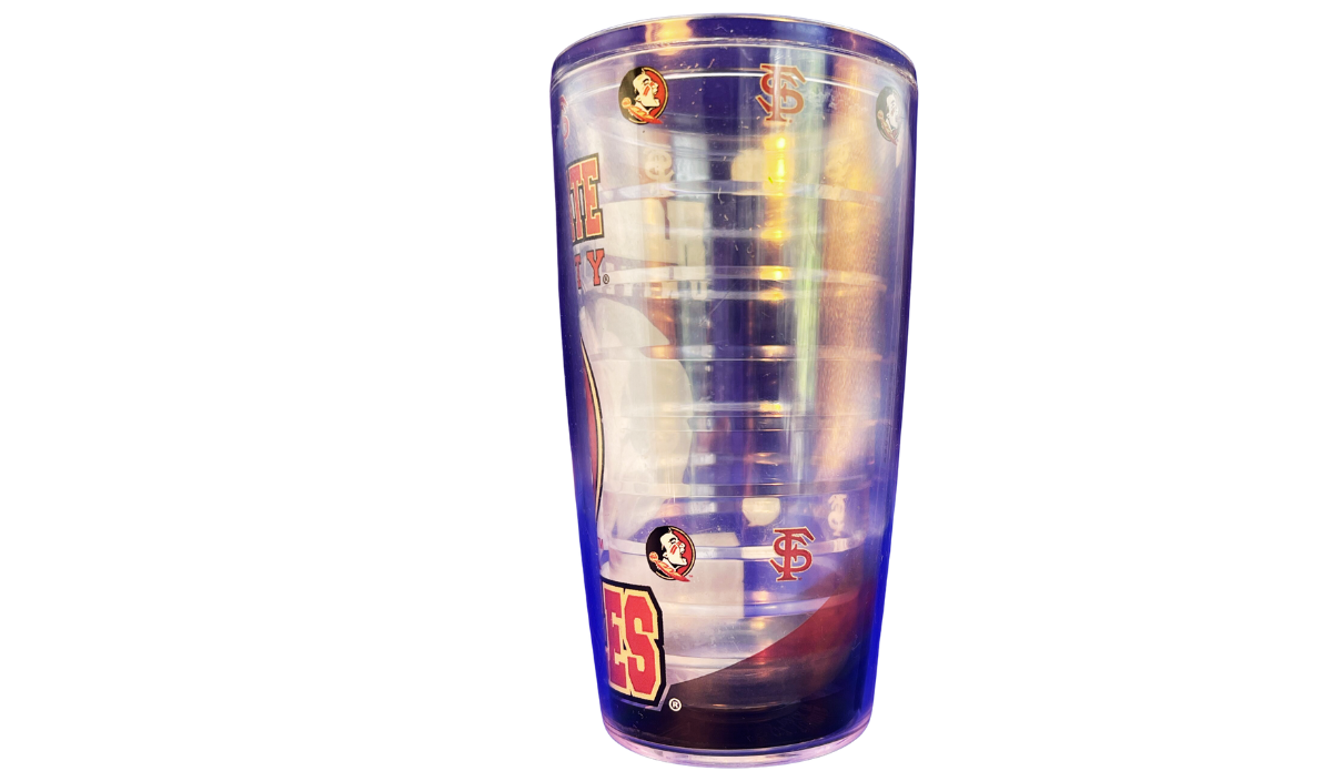 Florida State Classic Logo Tumbler back side view with repeating FSU and Seminoles graphics