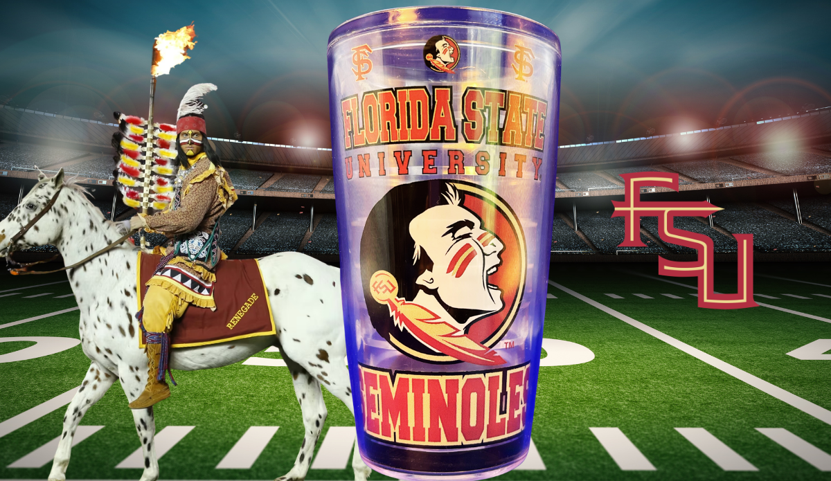 Florida State Classic Logo Tumbler displayed in an FSU football stadium game day scene