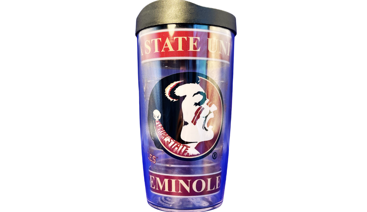 FSU Noles Tervis Tumbler front view with Seminoles head logo, garnet bands, and black travel lid