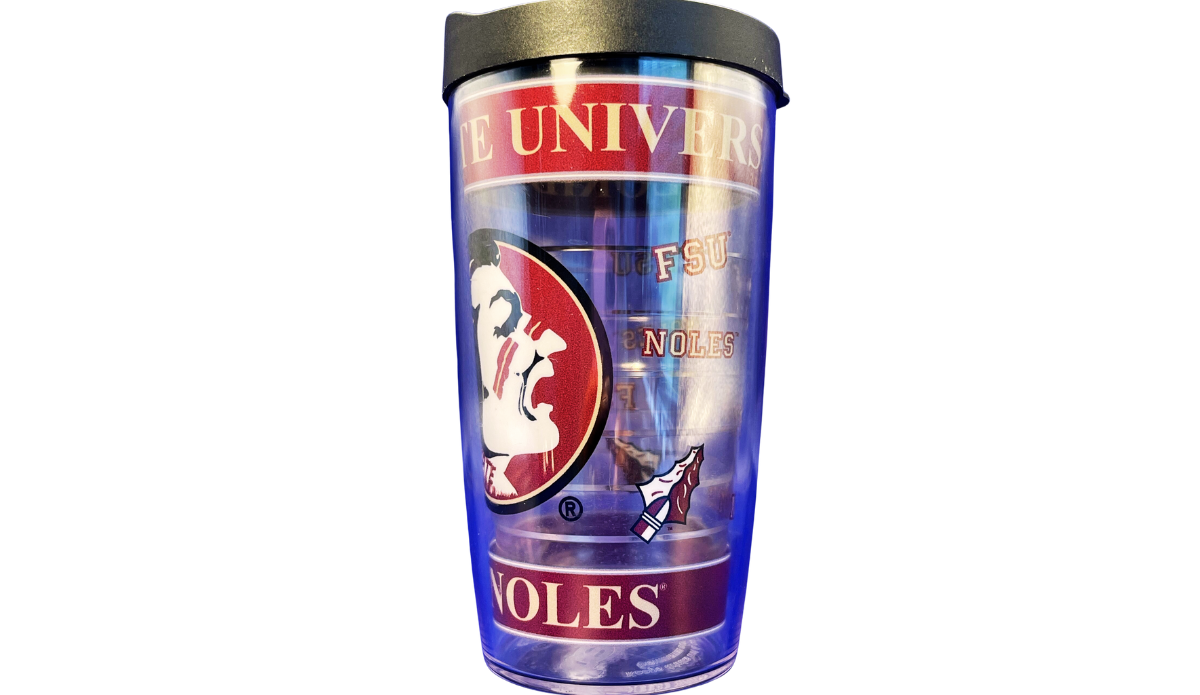 FSU Noles Tervis Tumbler side view with FSU lettering, Noles wording, spear graphic, and Seminoles logo