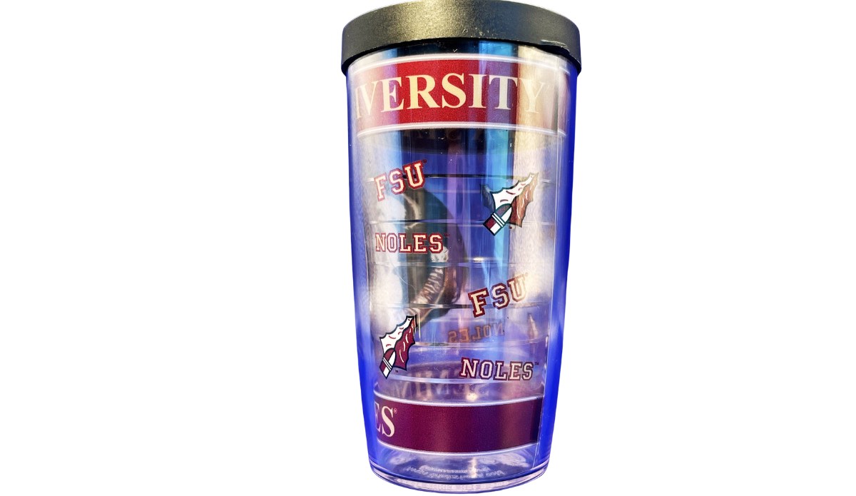 FSU Noles Tervis Tumbler opposite side view with Seminoles graphics and visible Tervis branding