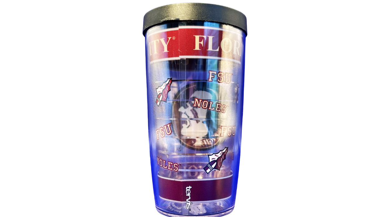 FSU Noles Tervis Tumbler back view with repeating FSU Noles lettering and Seminoles spear graphics