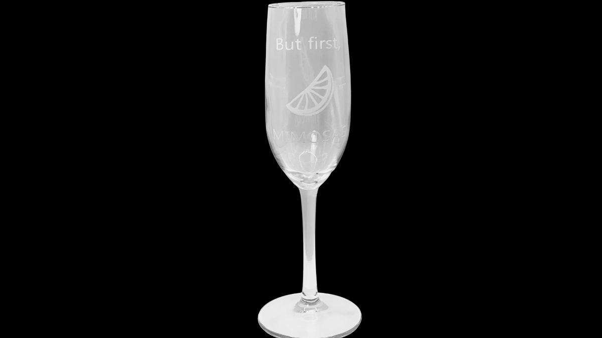 But First Mimosas Champagne Flute front view etched But first mimosas design