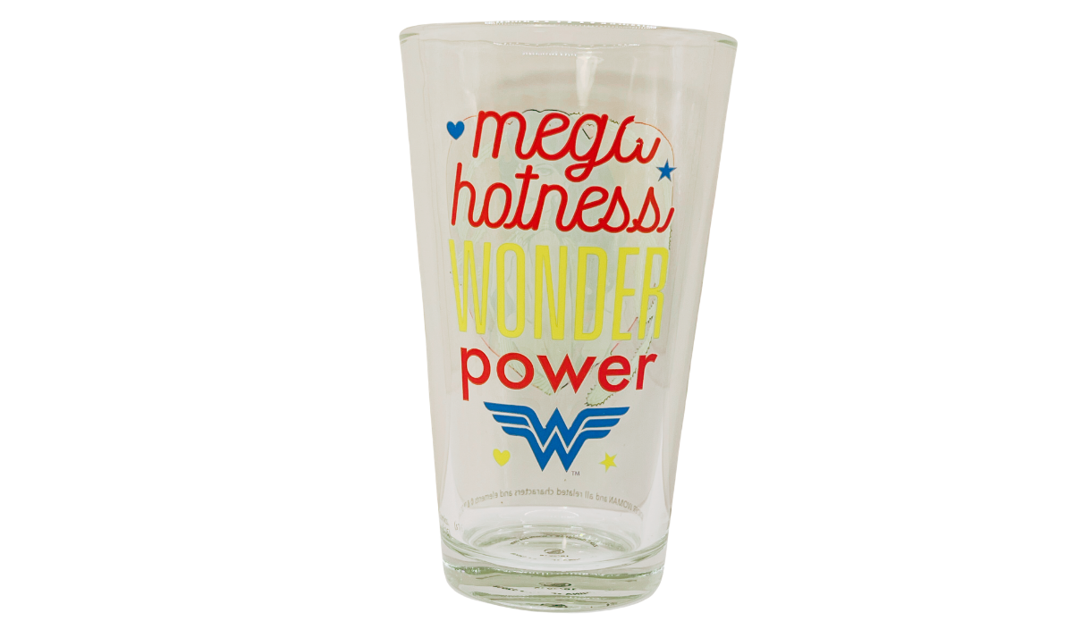 Wonder Woman Hotness Pint Glass with Mega Hotness Wonder Power wording, blue Wonder Woman emblem, stars, and heart accents