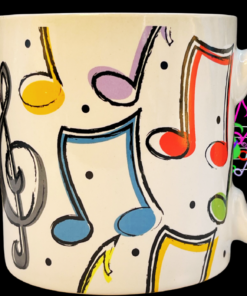 colorful music notes mug styled with vibrant music background and colorful notes