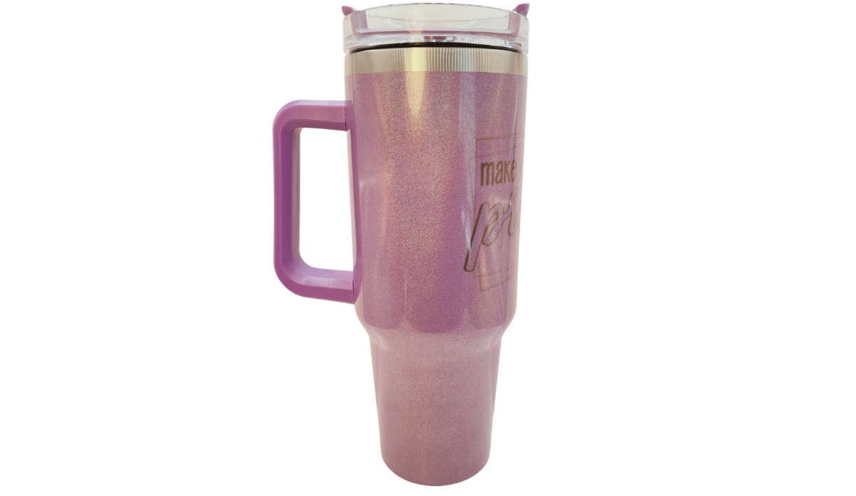 Make Yourself A Priority Tumbler with lavender shimmer, purple handle, partial self-care lettering, and clear lid