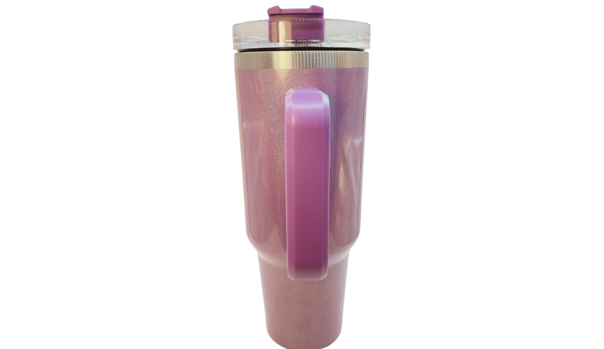 Back of Make Yourself A Priority Tumbler with lavender rectangular handle, shimmer finish, clear lid, and purple slider