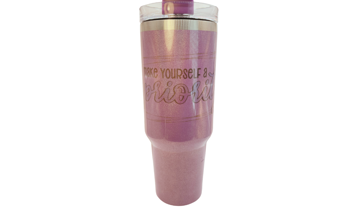Make Yourself A Priority Tumbler with inspirational self-care quote on shimmering lavender-pink stainless steel
