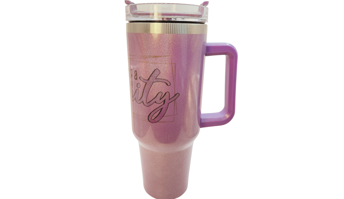 Make Yourself A Priority stainless steel tumbler with lavender handle, partial priority lettering, shimmer finish, and clear lid