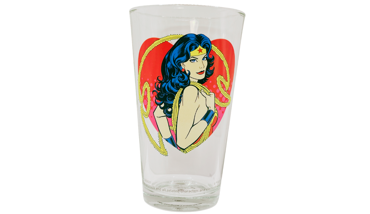 Wonder Woman Hotness Pint Glass with classic comic portrait, golden Lasso of Truth, red background, blue hair, and star tiara
