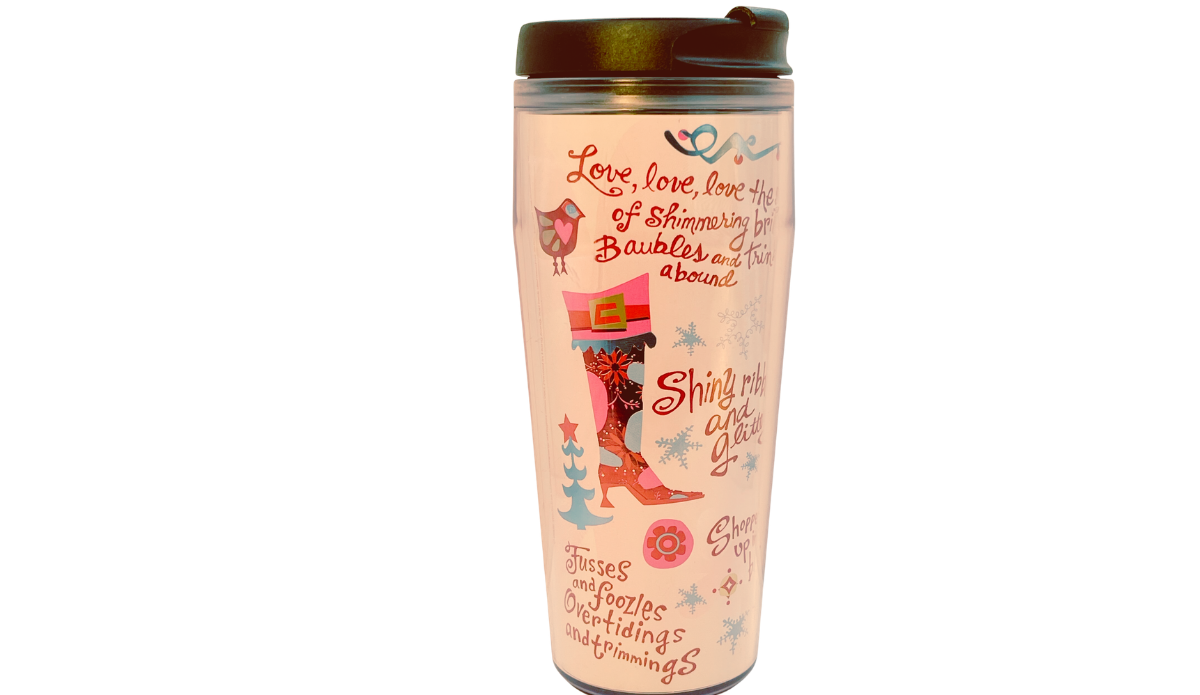 Tinsel Sparkles Black Lid Tumbler front view with holiday sayings, stocking, bird, tree, and snowflakes