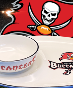 Tampa Bay Buccaneers Pfaltzgraff Soup Set displayed in a football stadium game day scene