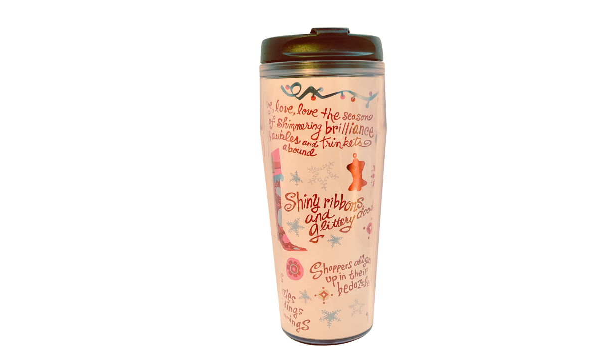 Tinsel Sparkles Black Lid Tumbler right side view with shimmering baubles, ribbons, snowflakes, and holiday script