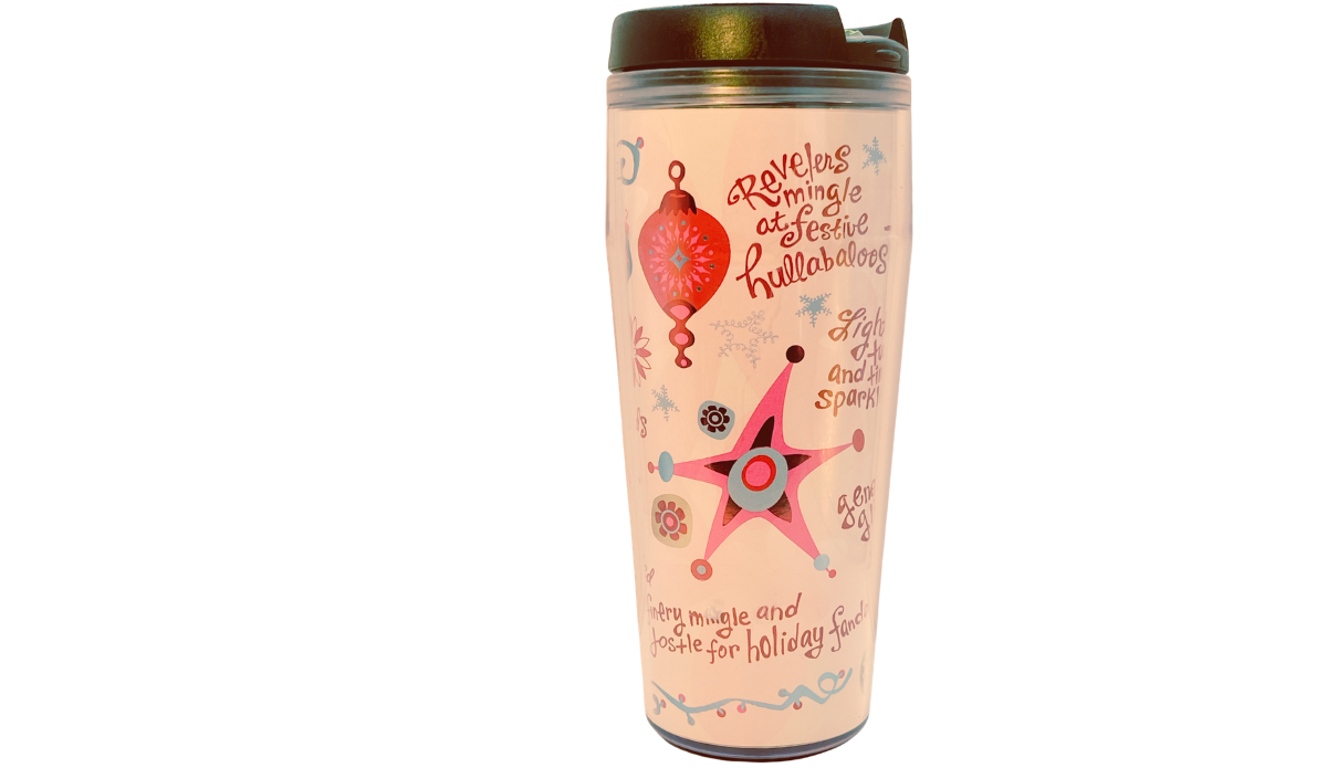 Tinsel Sparkles Black Lid Tumbler middle view with ornament, starburst, snowflakes, and festive sayings