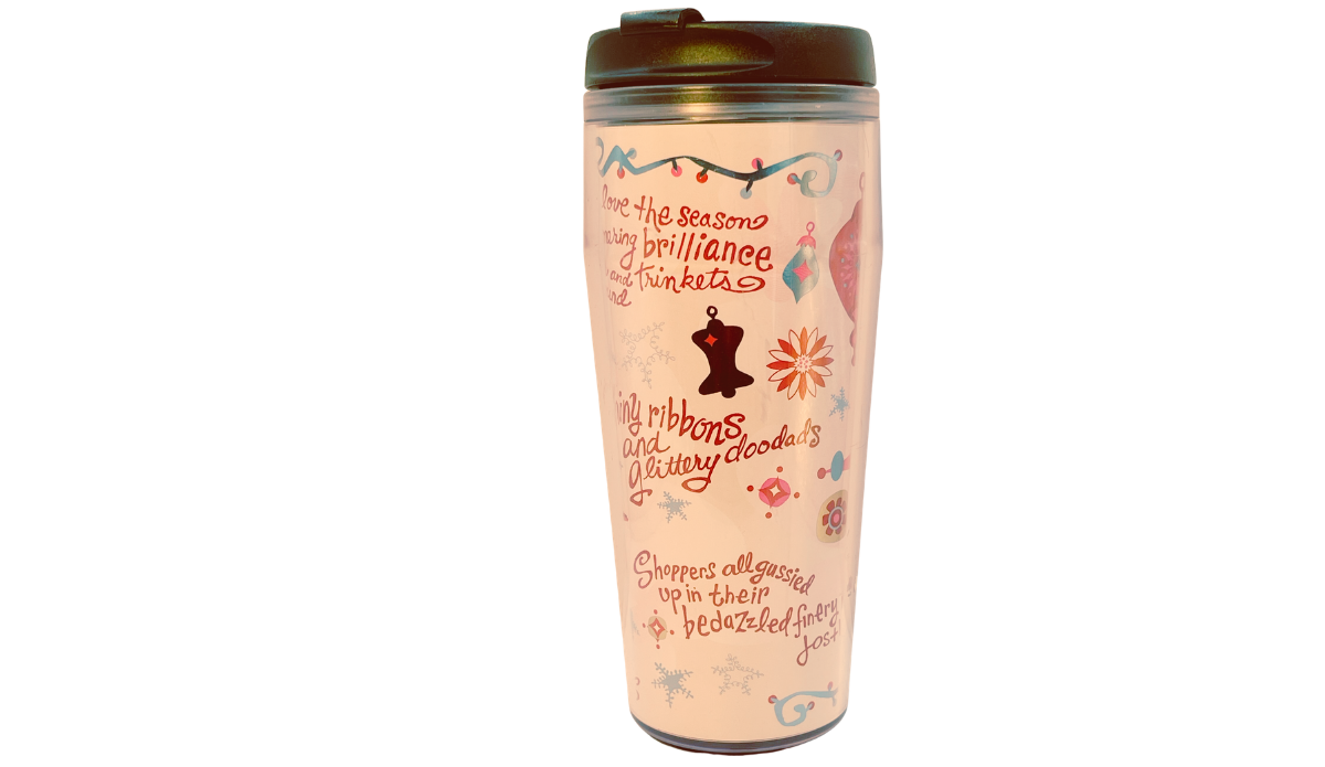 Tinsel Sparkles Black Lid Tumbler left side view with ornaments, flower, snowflakes, and holiday text