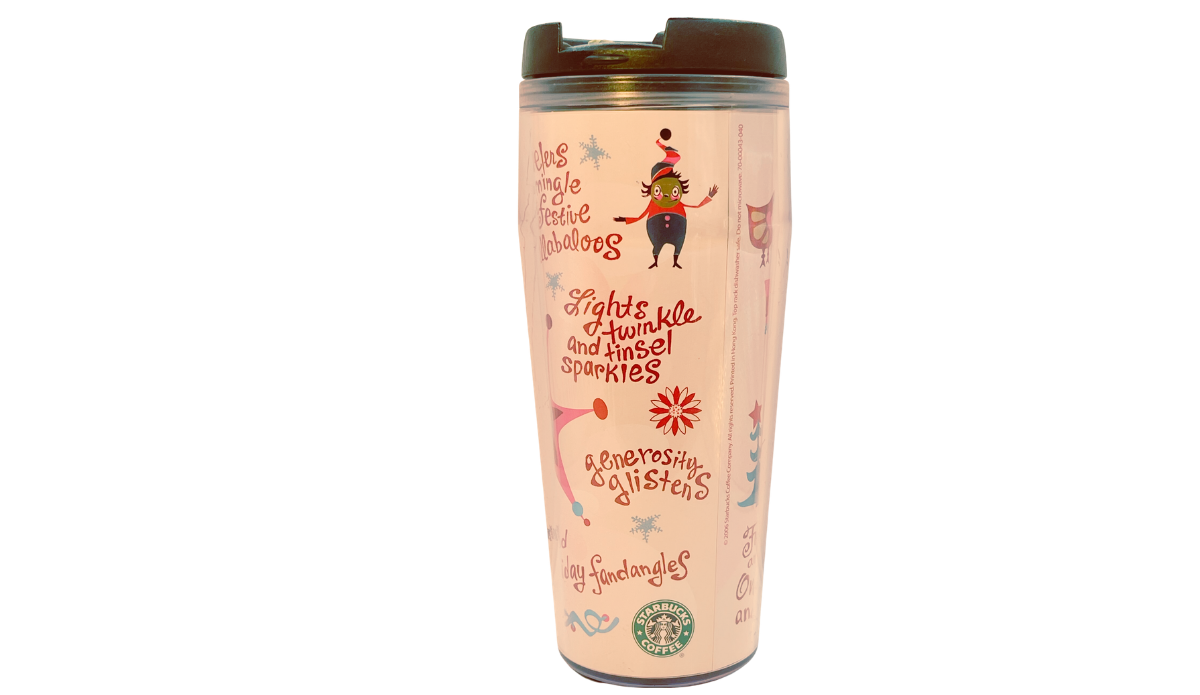 Tinsel Sparkles Black Lid Tumbler back view with winter character, Starbucks logo, copyright strip, and holiday sayings
