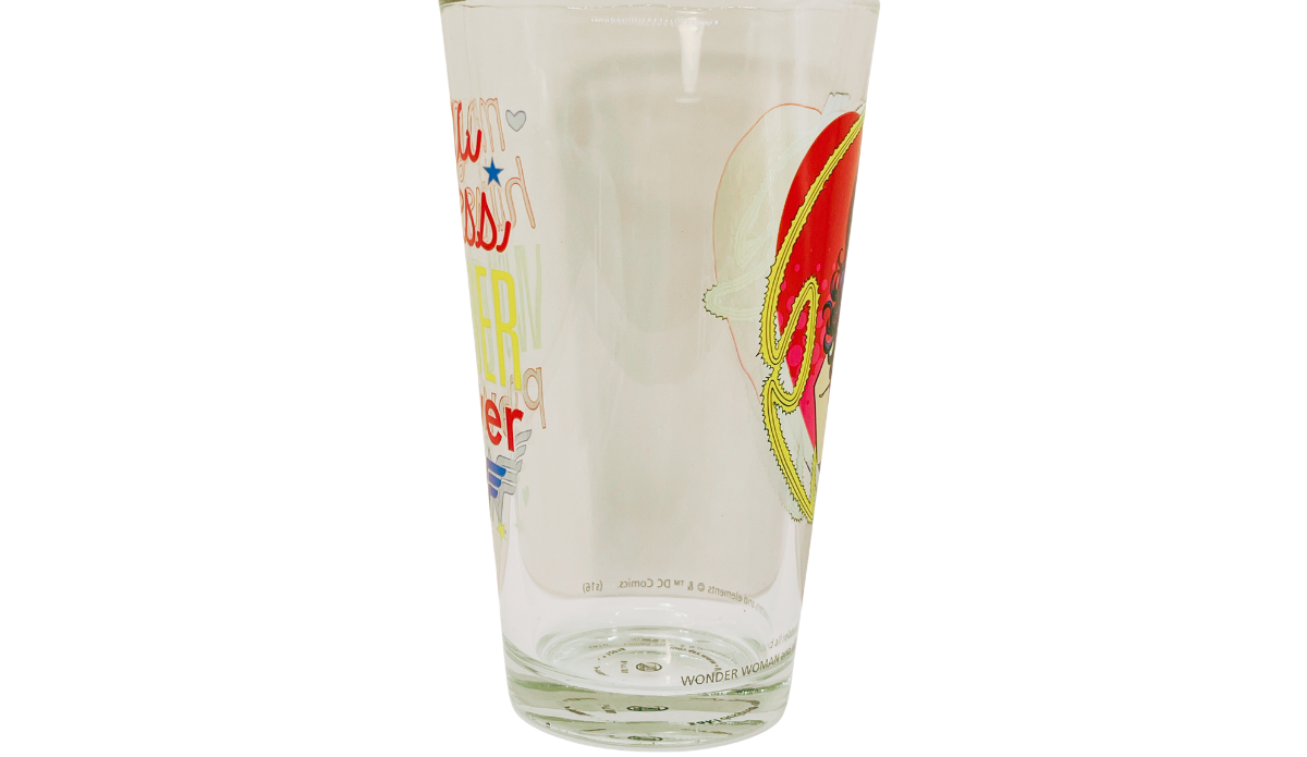 Wonder Woman Hotness Pint Glass middle view showing partial character portrait and Mega Hotness Wonder Power lettering