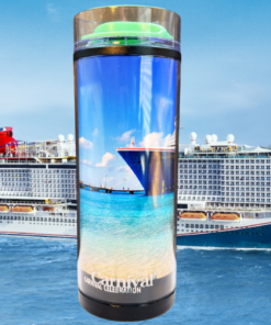 Carnival Celebration Cruise Ship Travel Tumbler displayed in front of Carnival Celebration sailing across tropical blue waters under a bright Caribbean sky
