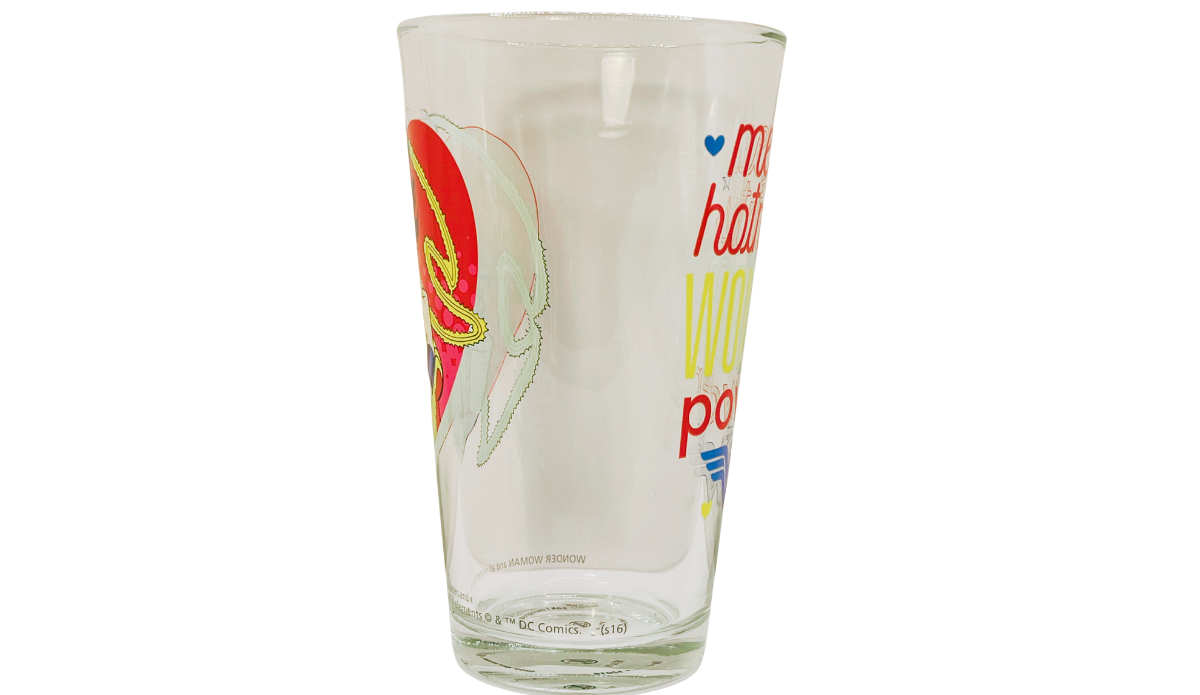 Wonder Woman Hotness Pint Glass with partial portrait, Mega Hotness Wonder Power wording, and DC Comics markings