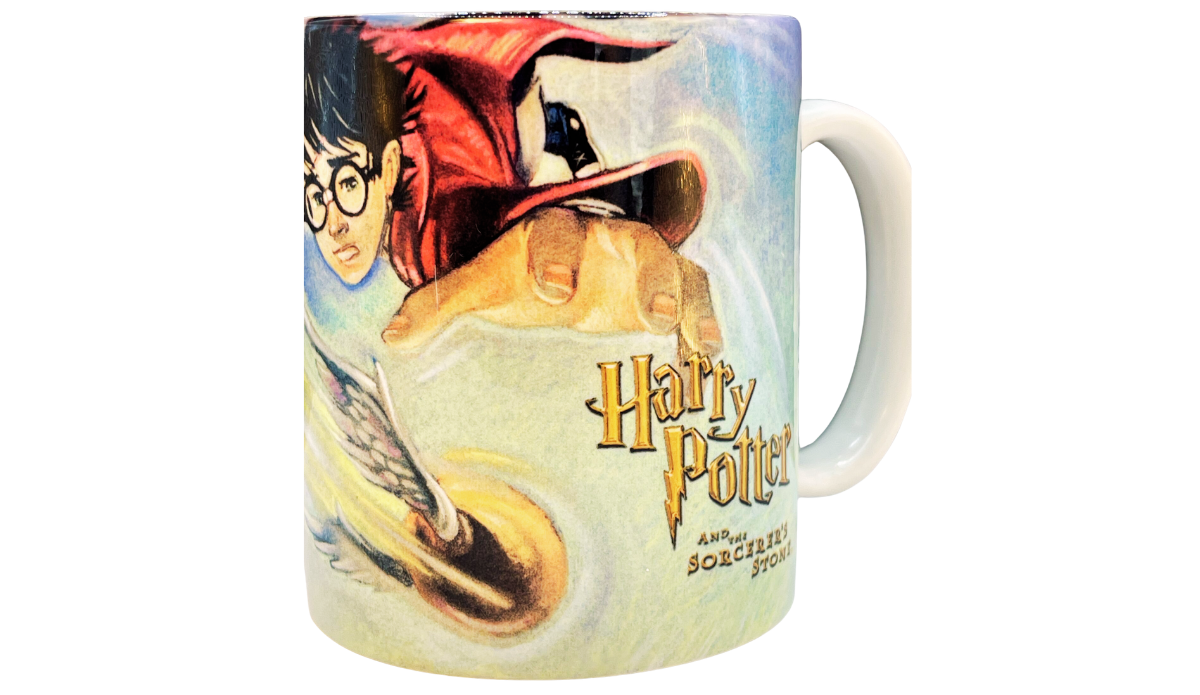 Harry Potter Sorcerer’s Stone Collector Mug front view with book title, Sorting Hat, Harry, and Golden Snitch artwork