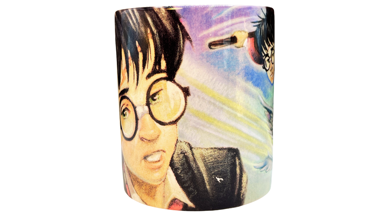 Harry Potter Sorcerer's Stone Collector Mug side view featuring close-up portrait of Harry, glowing spell trail, and partial flying scene