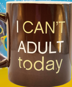 I Can’t Adult Today Funny Coffee Mug in a playful swimming pool scene with yellow float and laughing adults
