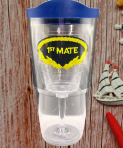 First Mate Wine Glass Tervis Tumbler styled in nautical setting with starfish and coastal decor