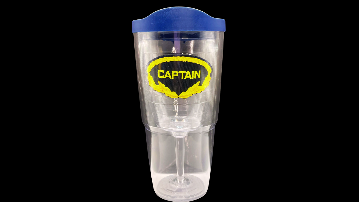 Captain Wine Glass Tervis Tumbler front view with CAPTAIN emblem and navy lid