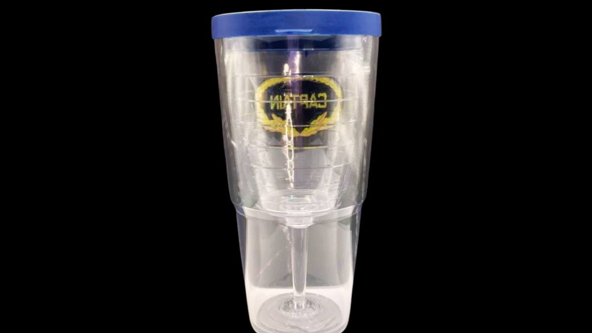 Captain Wine Glass Tervis Tumbler side profile with navy lid and insulated acrylic body