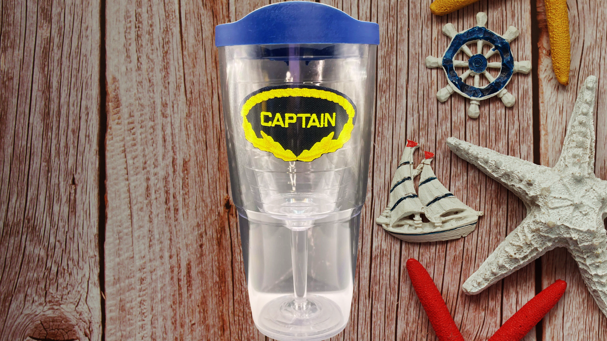 Captain Wine Glass Tervis Tumbler styled in nautical setting with starfish and coastal decor