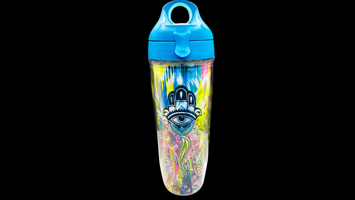 Hamsa Hands Tervis Tumbler 24oz front view with vibrant mandala floral design and turquoise flip lid