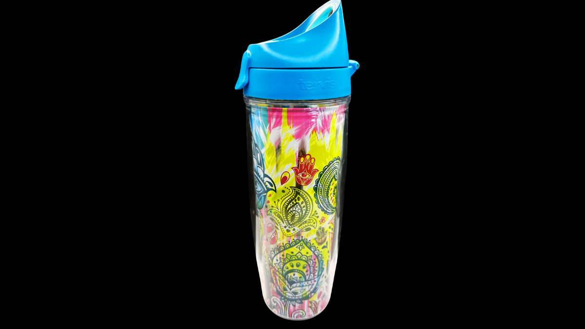 Hamsa Hands Tervis Tumbler side view showing wraparound mandala and floral artwork