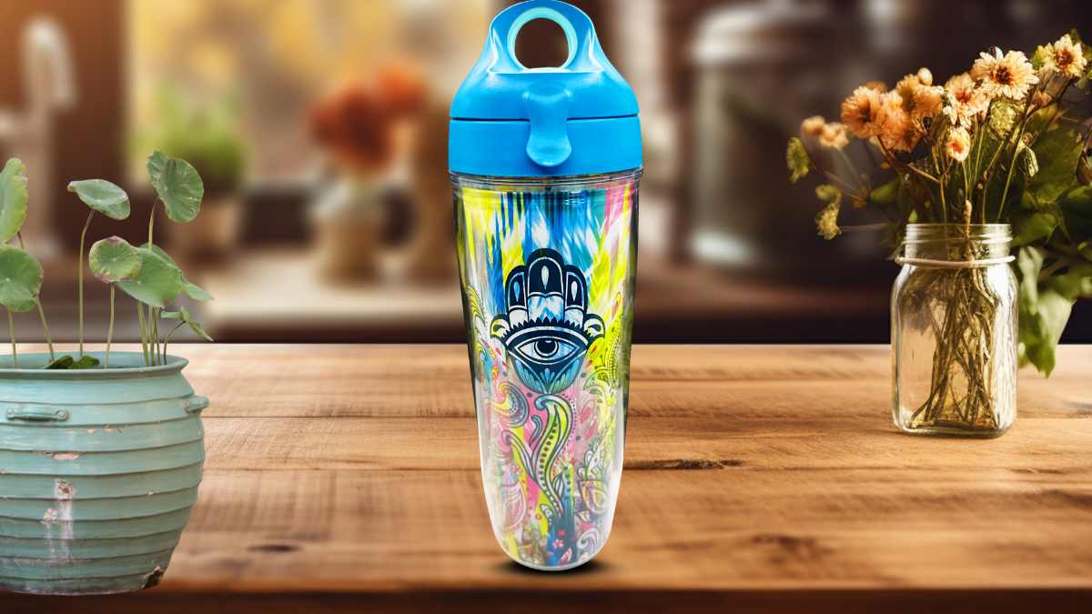 Hamsa Hands Tervis Tumbler styled on kitchen table with flowers and soft natural lighting