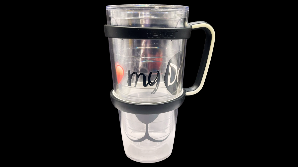 Love My Dog Tervis Tumbler 24oz front view with I heart my dog wrap design and black handle