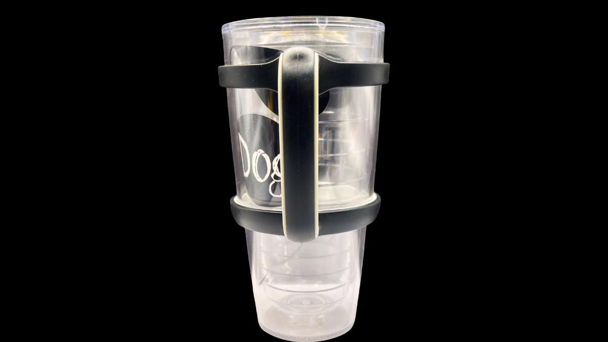 Love My Dog Tervis Tumbler side view with removable black handle and insulated acrylic body