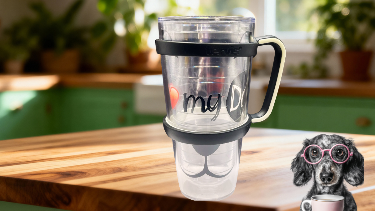 Love My Dog Tervis Tumbler styled in kitchen setting with pet-themed decor