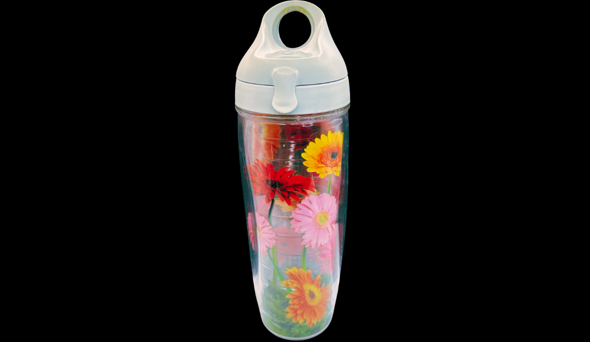 Tervis Zinnia Floral Tumbler front view with colorful zinnia flowers on clear insulated cup