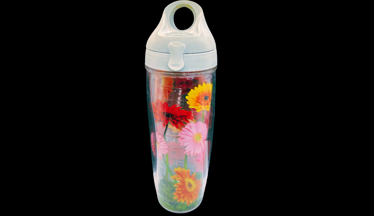 Tervis Zinnia Floral Tumbler side view with layered floral design and green stems