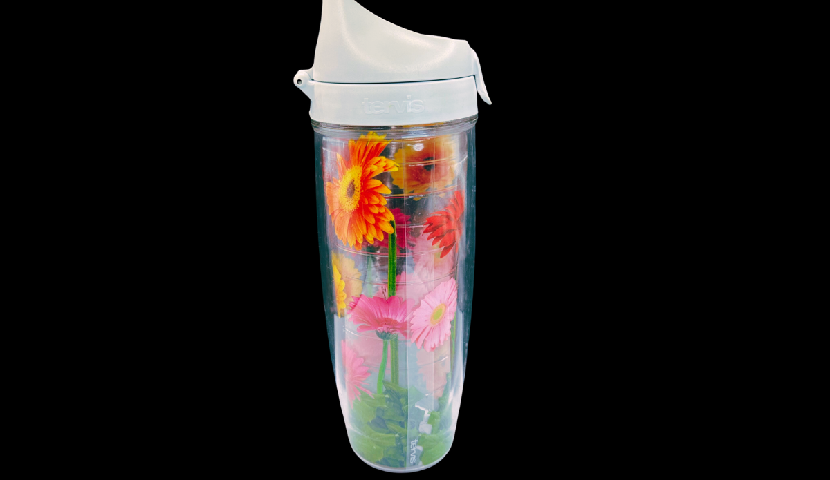 Tervis Zinnia Floral Tumbler side view with layered floral design and green stems