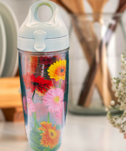 Tervis Zinnia Floral Tumbler styled in bright kitchen with flowers and natural light