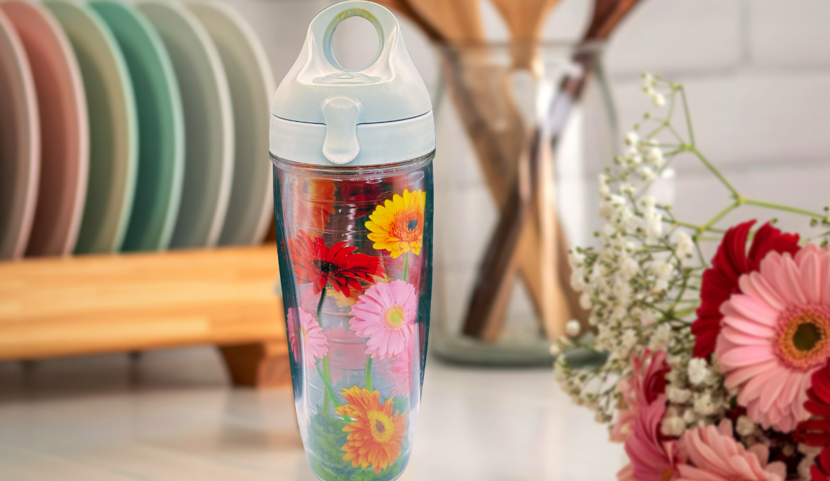 Tervis Zinnia Floral Tumbler styled in bright kitchen with flowers and natural light