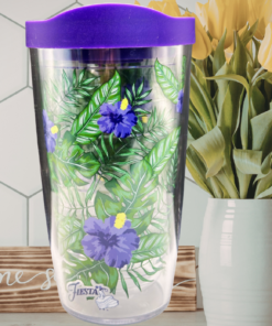 Fiesta Purple Hibiscus Tervis Tumbler styled in bright kitchen with floral decor and purple lid