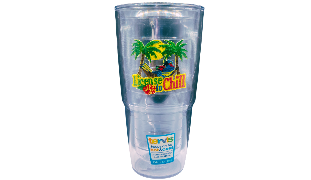 License To Chill Tervis Tumbler with tropical hammock and palm tree artwork