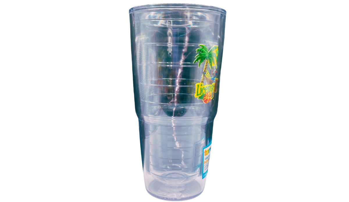 Side tropical view of License To Chill Tervis Tumbler with partial island artwork