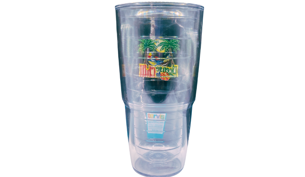 Reverse mirrored tropical artwork view on License To Chill Tervis Tumbler